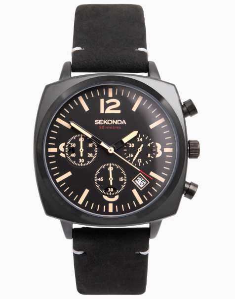 Sekonda Mens Airborne 40mm Chronograph Watch with Black Alloy TV Case, Black Leather Strap and Black Dial - view 1