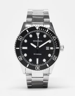 Sekonda mens bracelet diver watch with black dial in silver