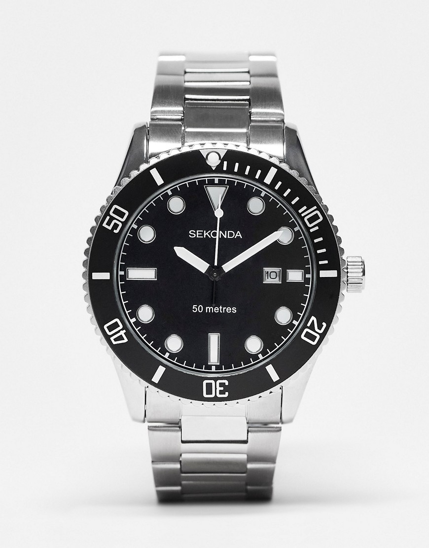 Sekonda mens bracelet diver watch with black dial in silver