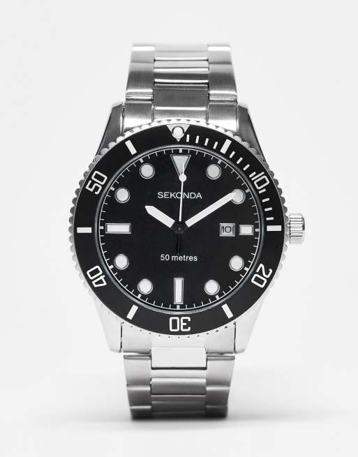  Sekonda mens bracelet diver watch with black dial in silver