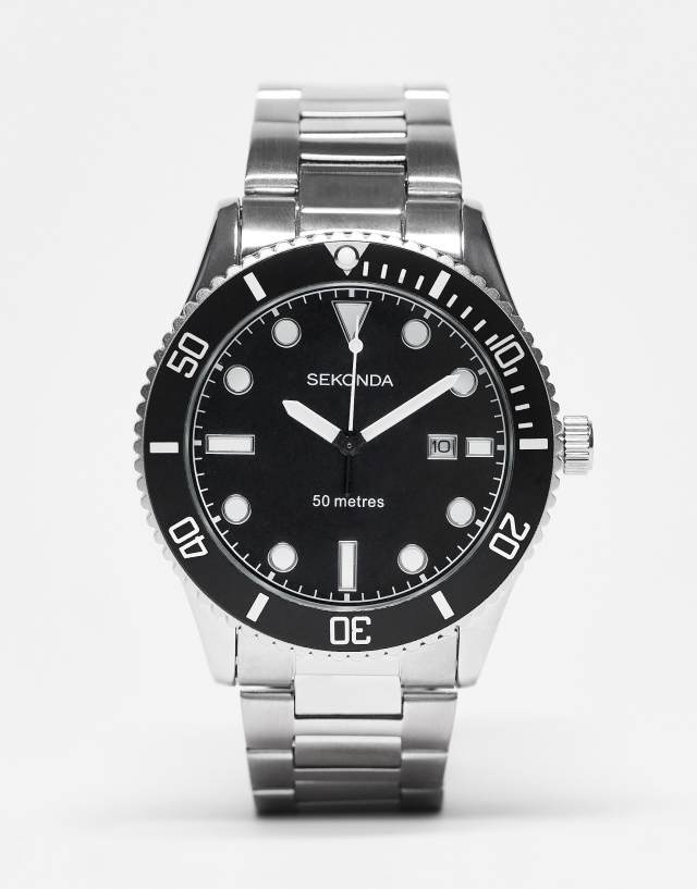 Sekonda men's bracelet diver watch with black dial in silver