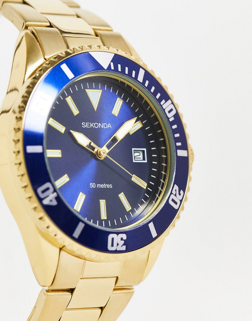 Sekonda mens bracelet watch with navy face and dial in gold
