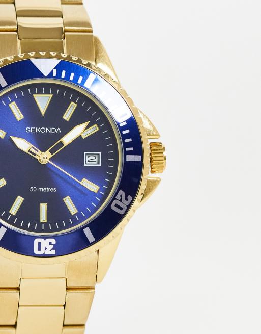 Sekonda mens bracelet watch with navy face and dial in gold