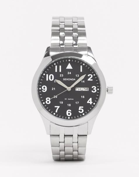 Sekonda Mens Glide 40mm Analogue Watch with Silver Stainless Steel Round Case, Silver Stainless Steel Bracelet and Black Dial - view 1