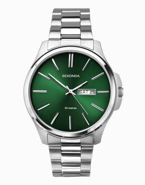 Sekonda Mens Jones 41mm Analogue Watch with Silver Stainless Steel Round Case, Silver Stainless Steel Bracelet and Green Dial - view 1