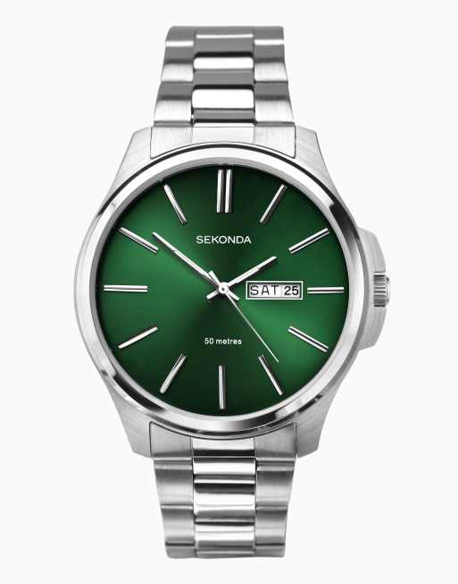 Sekonda Mens Jones 41mm Analogue Watch with Silver Stainless Steel Round Case, Silver Stainless Steel Bracelet and Green Dial