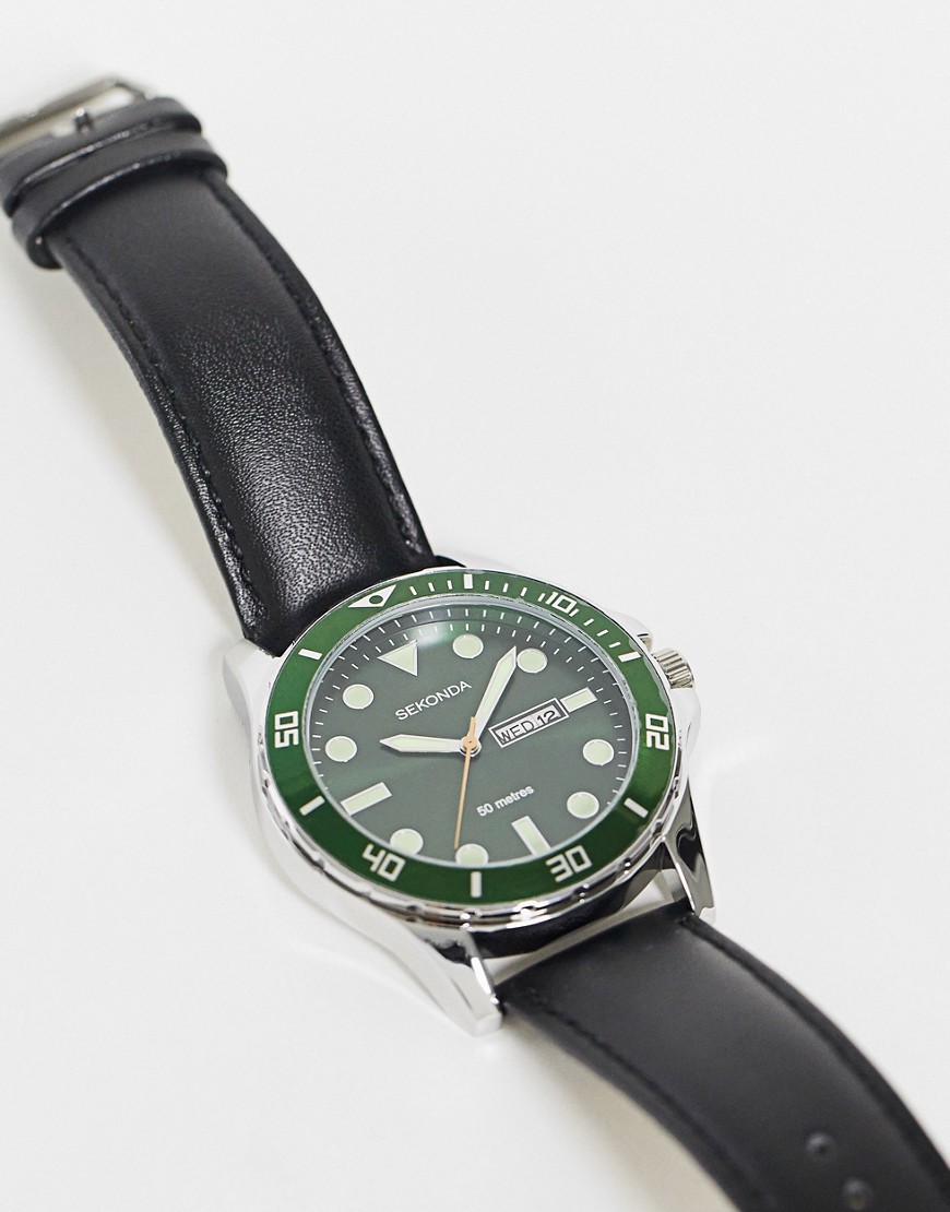 Sekonda mens leather watch with green dial-Black
