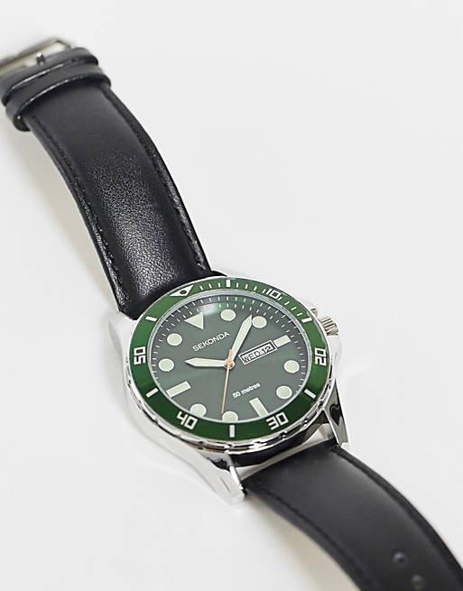 Sekonda mens leather watch with green dial