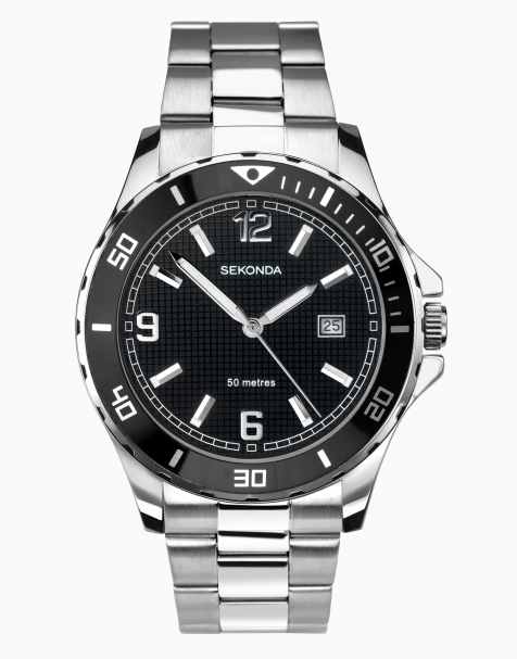 Sekonda Mens Tasman 44mm Analogue Watch with Silver Alloy Round Case, Silver Stainless Steel Bracelet and Black Dial - view 1