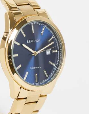 Sekonda Sekonda Mens Taylor 41mm Analogue Watch with Gold Alloy Round Case Gold Stainless Steel Bracelet and Blue Dial