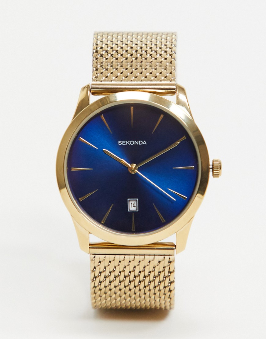 Sekonda - Mesh horloge in goud met blauwe wijzerplaat