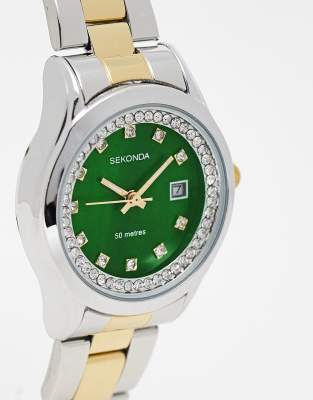 Sekonda mixed metal bracelet watch with green dial in silver/gold - ASOS Price Checker