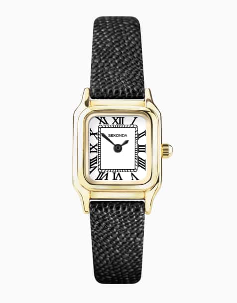 Sekonda – Monica – Analoge Damenuhr mit rechteckigem 20-mm-Gehäuse mit Goldlegierung, Leder-Armband in Schwarz und Zifferblatt in Weiß - view 1