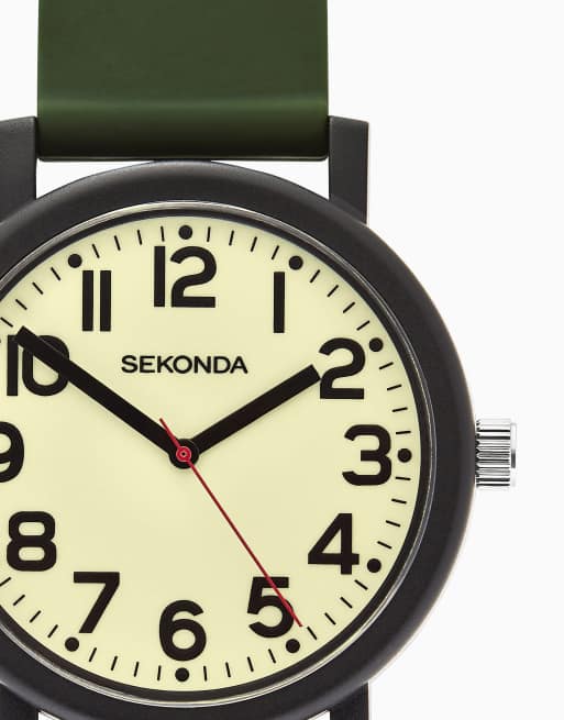 Sekonda Nova 40mm mens round black analogue watch with green strap in green, 4 of 6