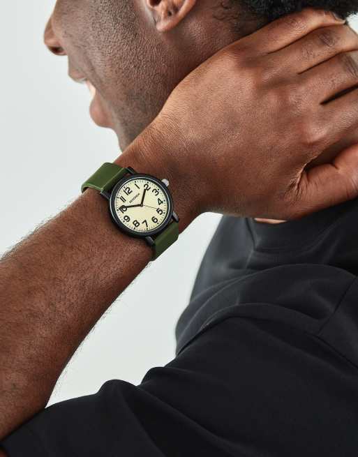 Sekonda Nova 40mm mens round black analogue watch with green strap in green, 5 of 6