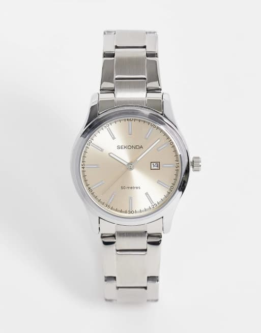 Sekonda - Orologio con bracciale color argento e quadrante color cuoio pallido