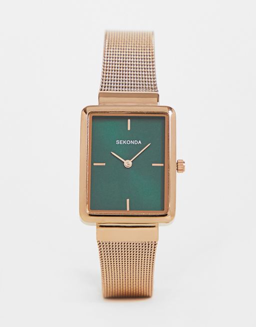 Sekonda - Orologio da donna squadrato color oro rosa con quadrante verde