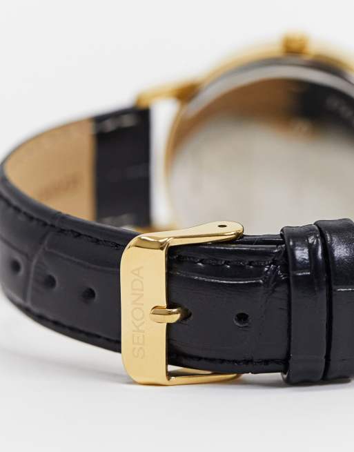 Sekonda - Orologio in pelle nera con cassa e quadrante oro, 2 di 4