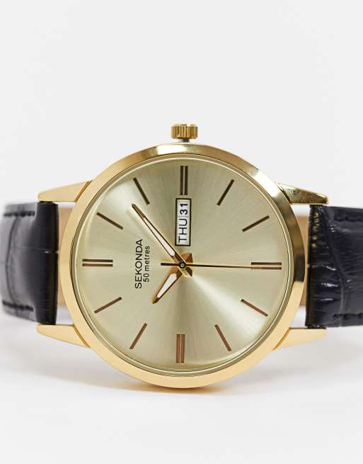 Sekonda - Orologio in pelle nera con cassa e quadrante oro, 3 di 4