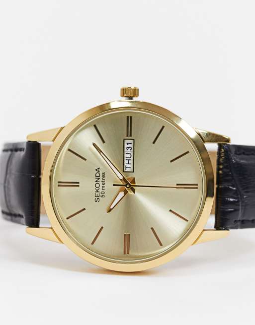 Sekonda - Orologio in pelle nera con cassa e quadrante oro, 4 di 4
