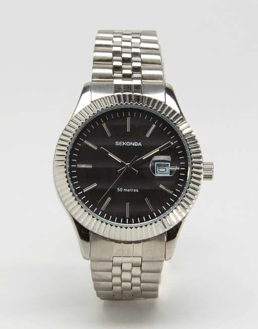 Sekonda – Silberfarbene Armbanduhr mit schwarzem Zifferblatt, exklusiv bei ASOS