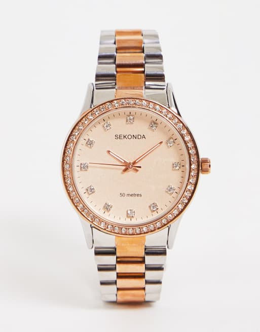 Sekonda – Silver- och roséguldfärgad klocka med länkarmband