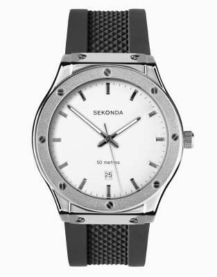 Sports Titan - Herrenuhr in Silberoptik mit schwarzem Silikonarmband und weißem Zifferblatt, 42 mm Schwarz One Size