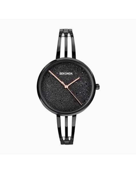 Sekonda – Stardust – Damenuhr mit schwarzem Zifferblatt mit 36 mm Durchmesser und legiertem Armband mit halbem Armreif-Design - view 1