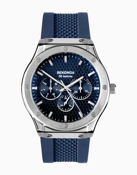 Sekonda Titan 42mm mens round silver analogue watch with dark blue strap in blue - view 1