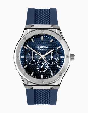 Sekonda Titan 42mm mens round silver analogue watch with dark blue strap in blue