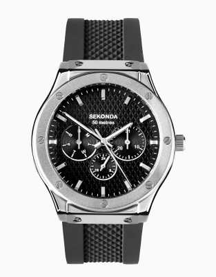 Sekonda Titan Mens 42mm Analogue Watch With Silver Case And Silicone Strap With Black Dial