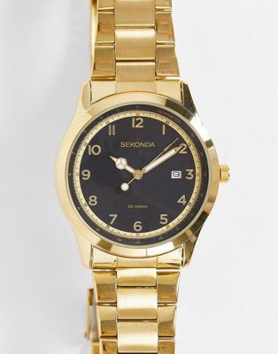 Sekonda – Unisex-Armbanduhr mit schwarzem Zifferblatt in Goldoptik-Goldfarben