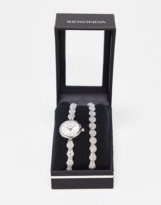 Sekonda watch and jewellery gift set in silver diamante