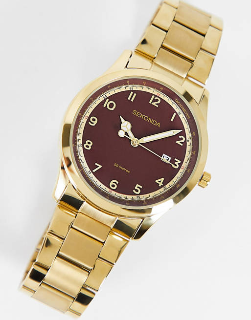 Sekonda womens bracelet watch with red dial in gold