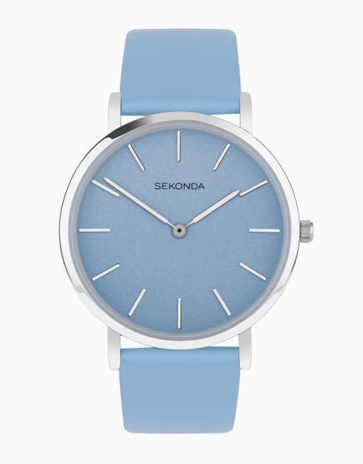 Sekonda Womens Freya 36mm Analogue Watch with Silver Alloy Round Case, Light Blue Leather Strap and Light Blue Dial