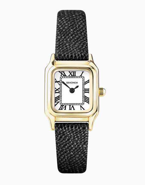 Sekonda Womens Monica 20mm Analogue Watch with Gold Alloy Rectangular Case, Black Leather Strap and White Dial - view 1