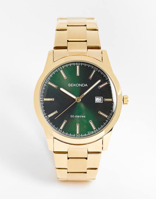 Sekonda – Zegarek unisex na bransolecie w kolorze złotym z zieloną tarczą