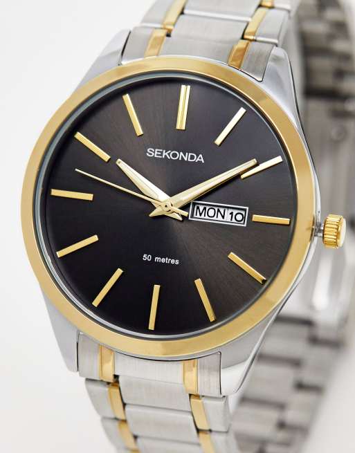 Sekonda – Zegarek z czarną tarczą i bransoletą z metali w różnych odcieniach