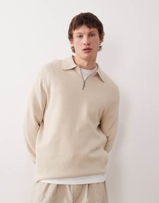 Selected 1/4 Zip Polo Neck Sweater In Brown