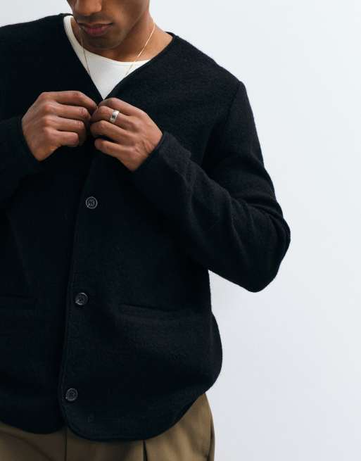 Selected 100% boiled wool v-neck cardigan in black , 4 of 5
