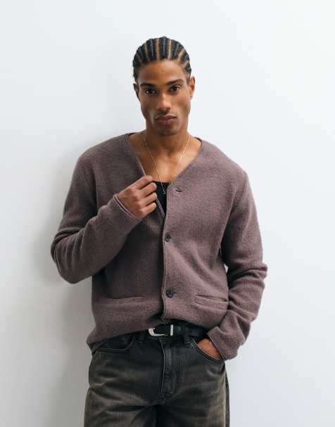 Selected 100% boiled wool v-neck cardigan in brown morel - view 1