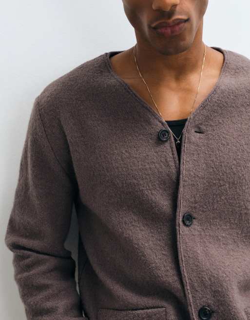 Selected 100% boiled wool v-neck cardigan in brown morel, 4 of 5