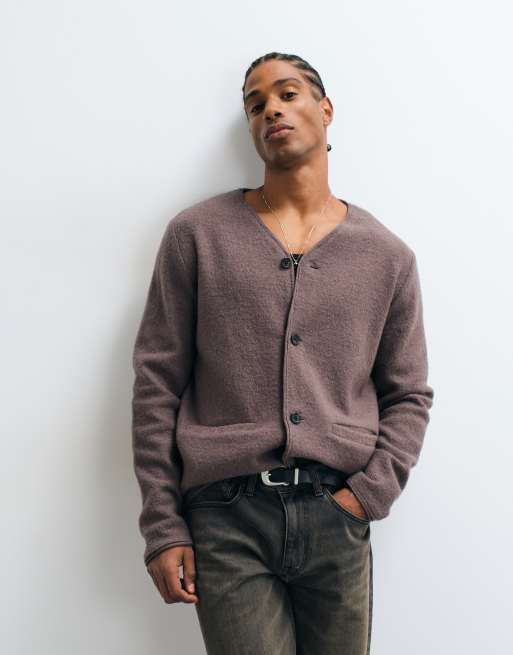 Selected 100% boiled wool v-neck cardigan in brown morel, 5 of 5
