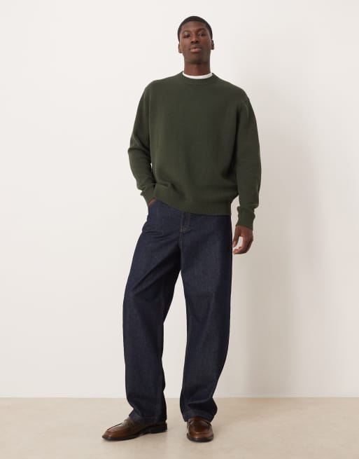 Selected 100% cotton boxy knit sweater in dark green | ASOS