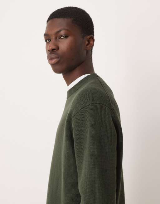 Selected 100% cotton boxy knit sweater in dark green, 4 of 5