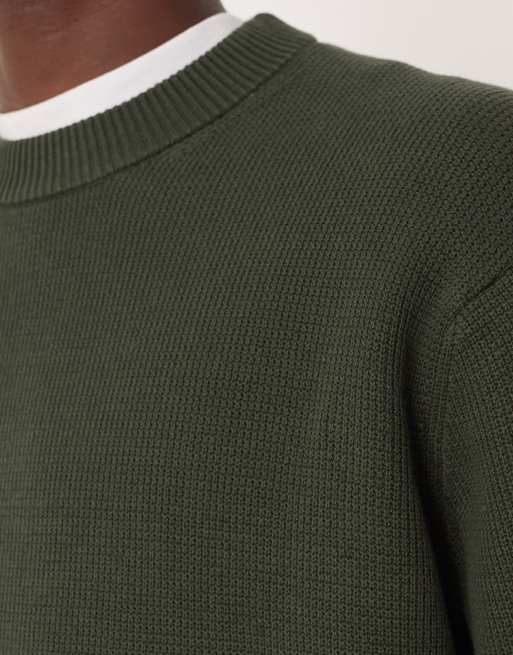 Selected 100% cotton boxy knit sweater in dark green, 5 of 5