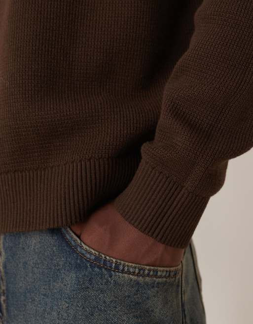Selected 100% cotton boxy knitted jumper in brown, 5 of 5