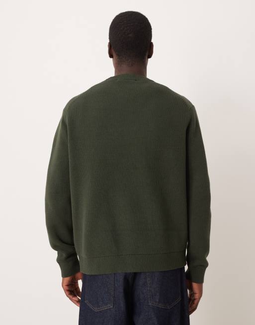 Selected 100% cotton boxy knitted jumper in dark green, 3 of 5