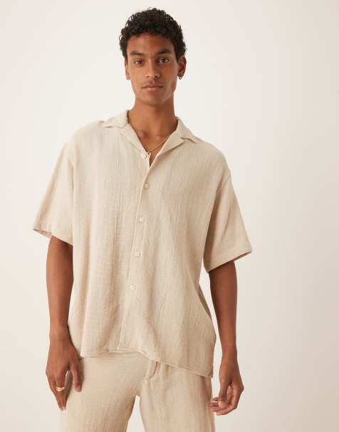 Selected 100% cotton co-ord textured shirt in cream - view 1