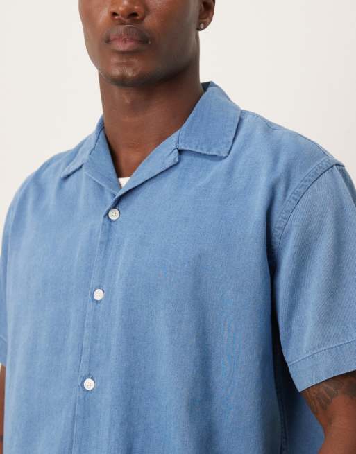 Selected 100% cotton denim revere collar shirt in mid blue wash , 2 of 4